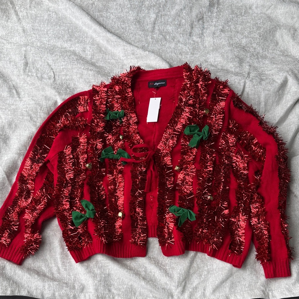 32 Degrees Red Cardigan with Green Accents NWT Christmas Party Sweater